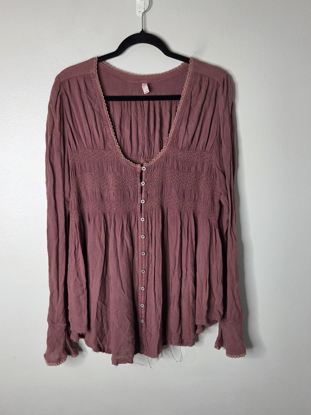 Free People 'Blue Bird' Womens Mauve Button-Front Peasant Blouse